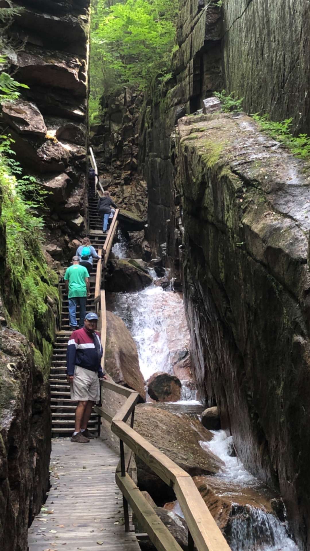 Narrow stairs next to cascading water